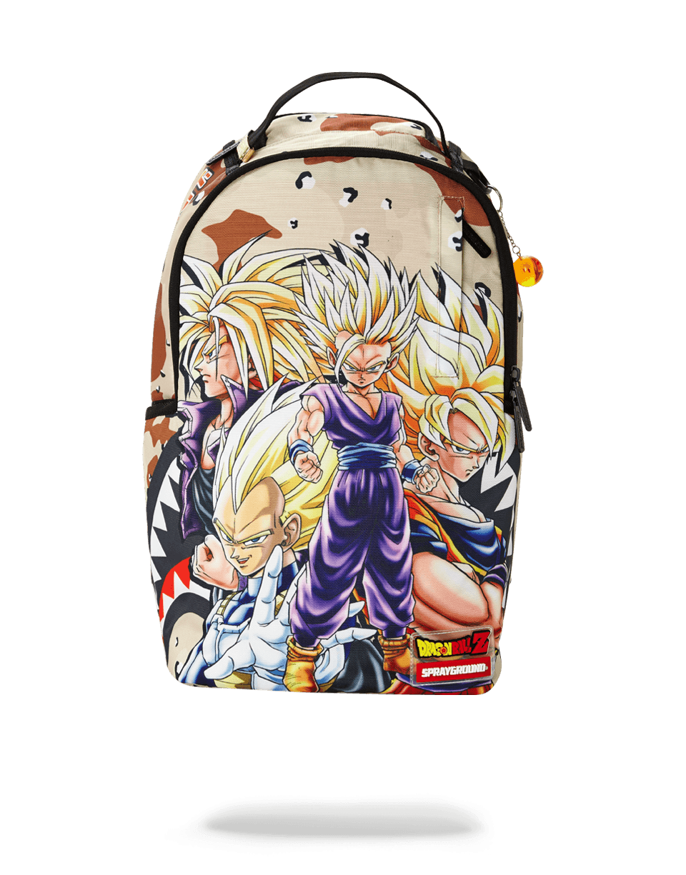 Front view of Dragon Ball Z backpack showing zipper pockets and metal badge