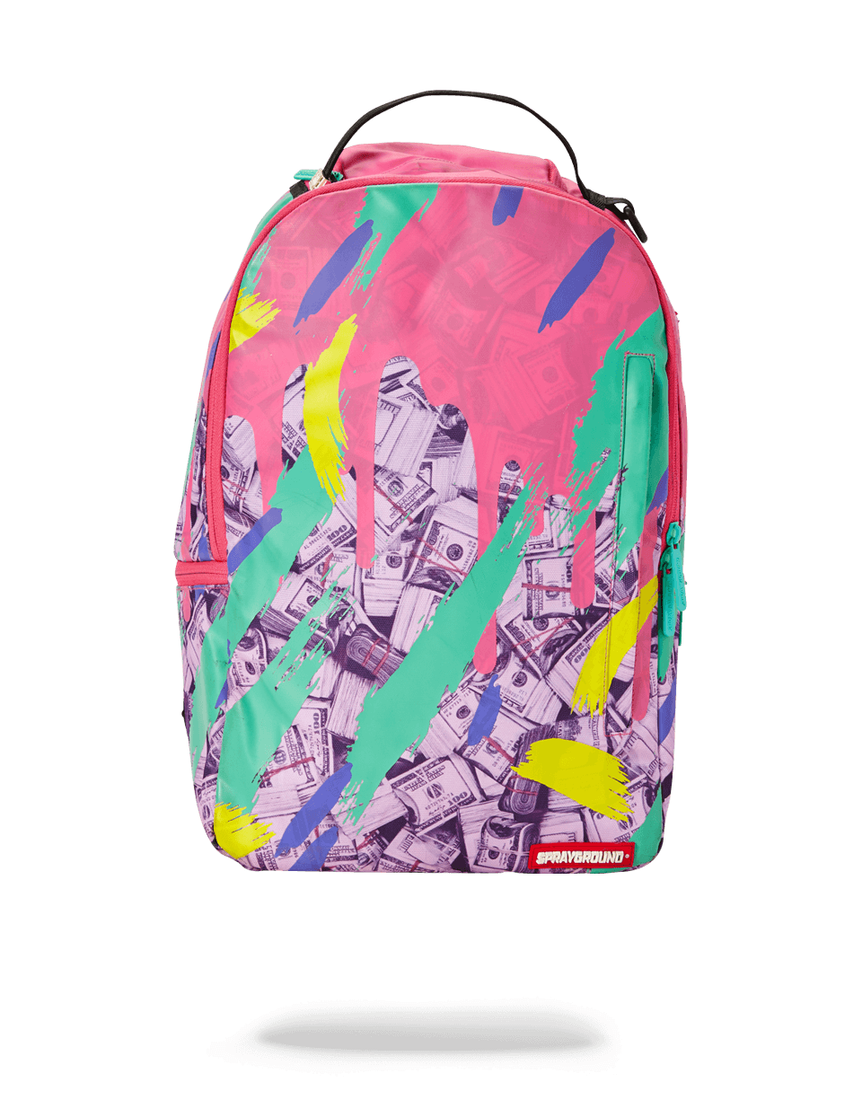 Close-up of the Money Pink Camo Drip backpack showing vegan leather exterior and metal hardware