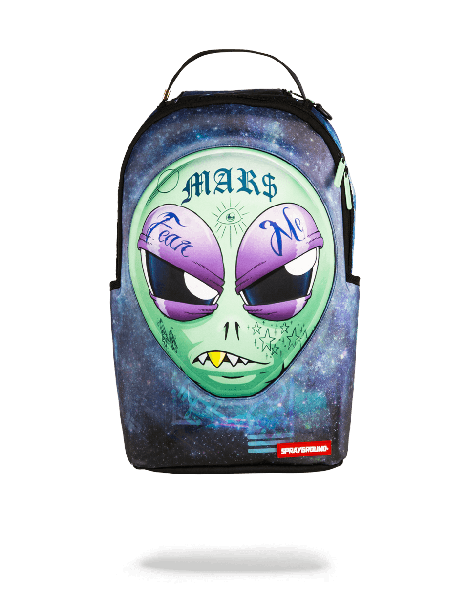 Sprayground 3D Alien Backpack front view with zipper pockets