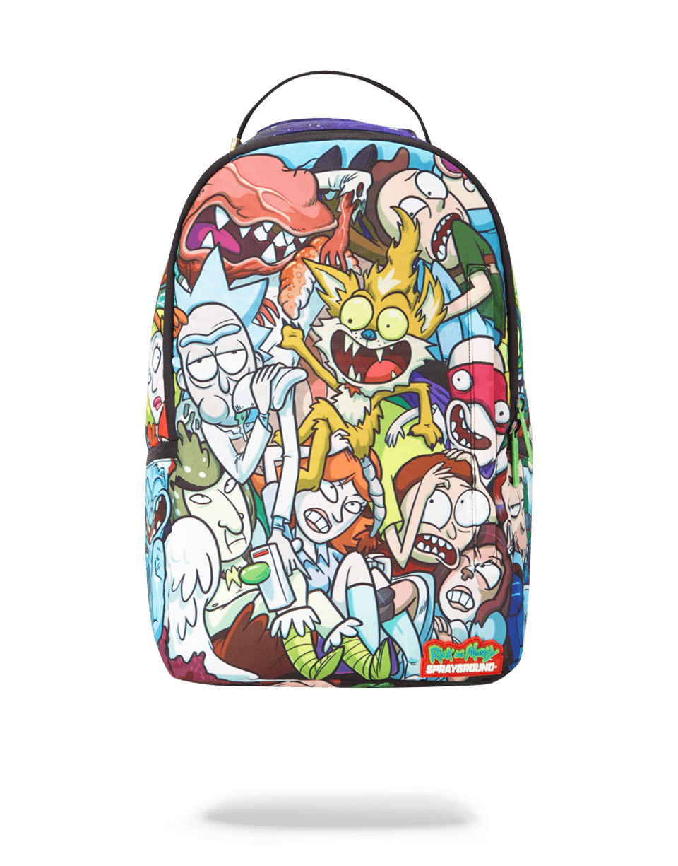 Front view of Rick and Morty Adventure Backpack showcasing its vibrant design.