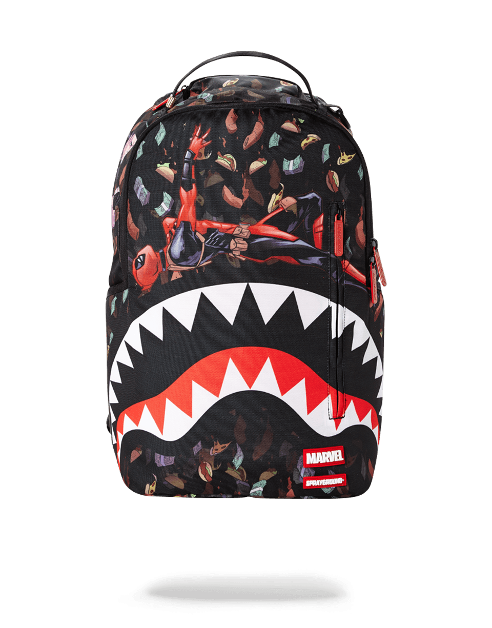 Front view of Sprayground Deadpool backpack showing bold graphics and zippered pockets