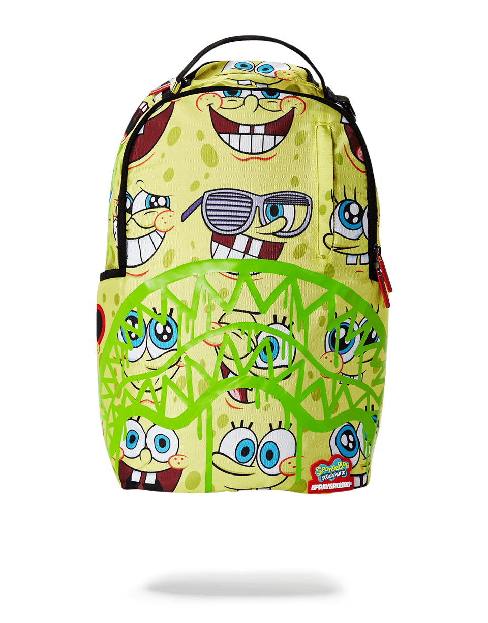 Front view of SpongeBob Sprayground backpack showing graffiti face design