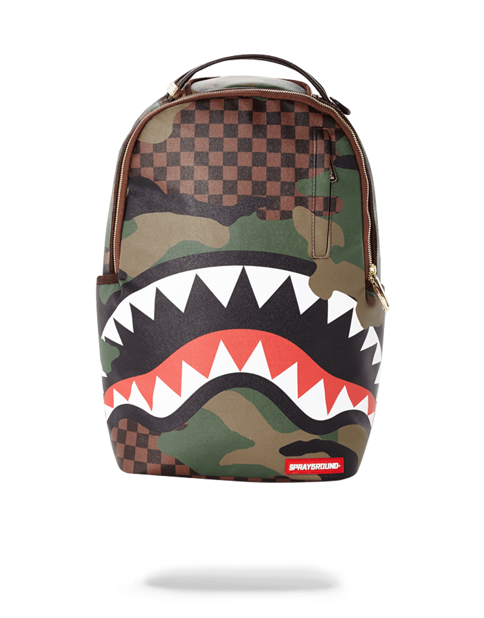 Sprayground Camo Sharks in Paris backpack with pink accents, front view