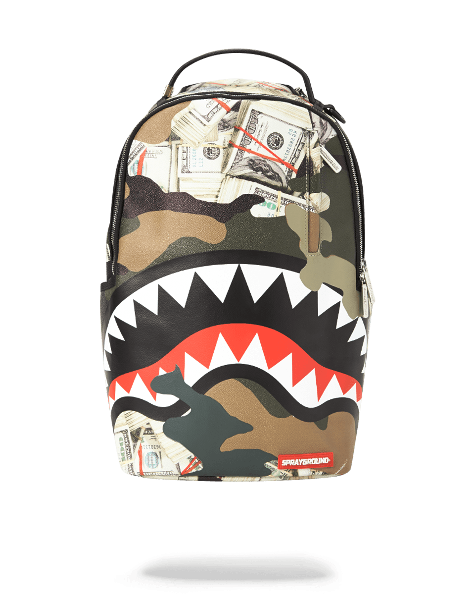 Camo Money Shark tactical backpack with ergonomic mesh back padding and adjustable straps for comfortable carry