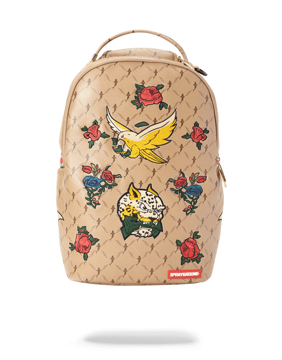 Vegan leather backpack with embroidered wings and water-resistant fabric