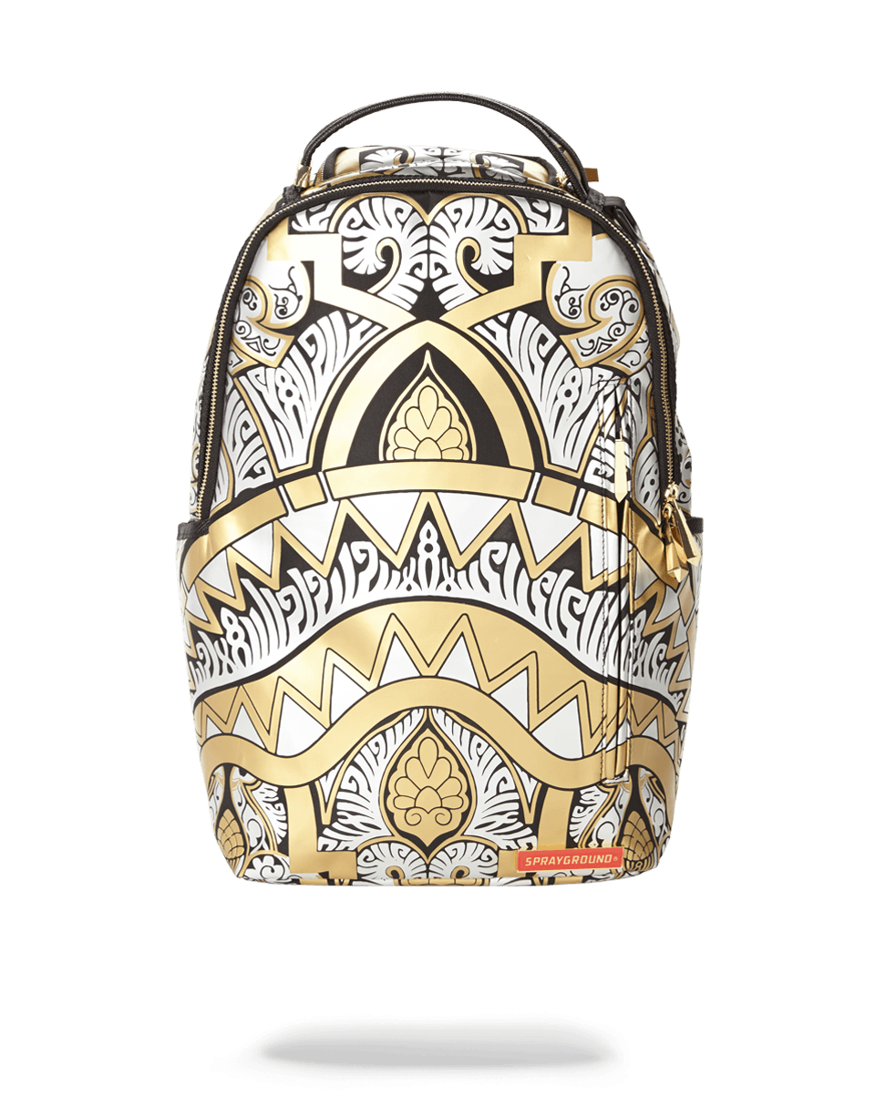 Sprayground King Solomon designer backpack front view with bold geometric patterns