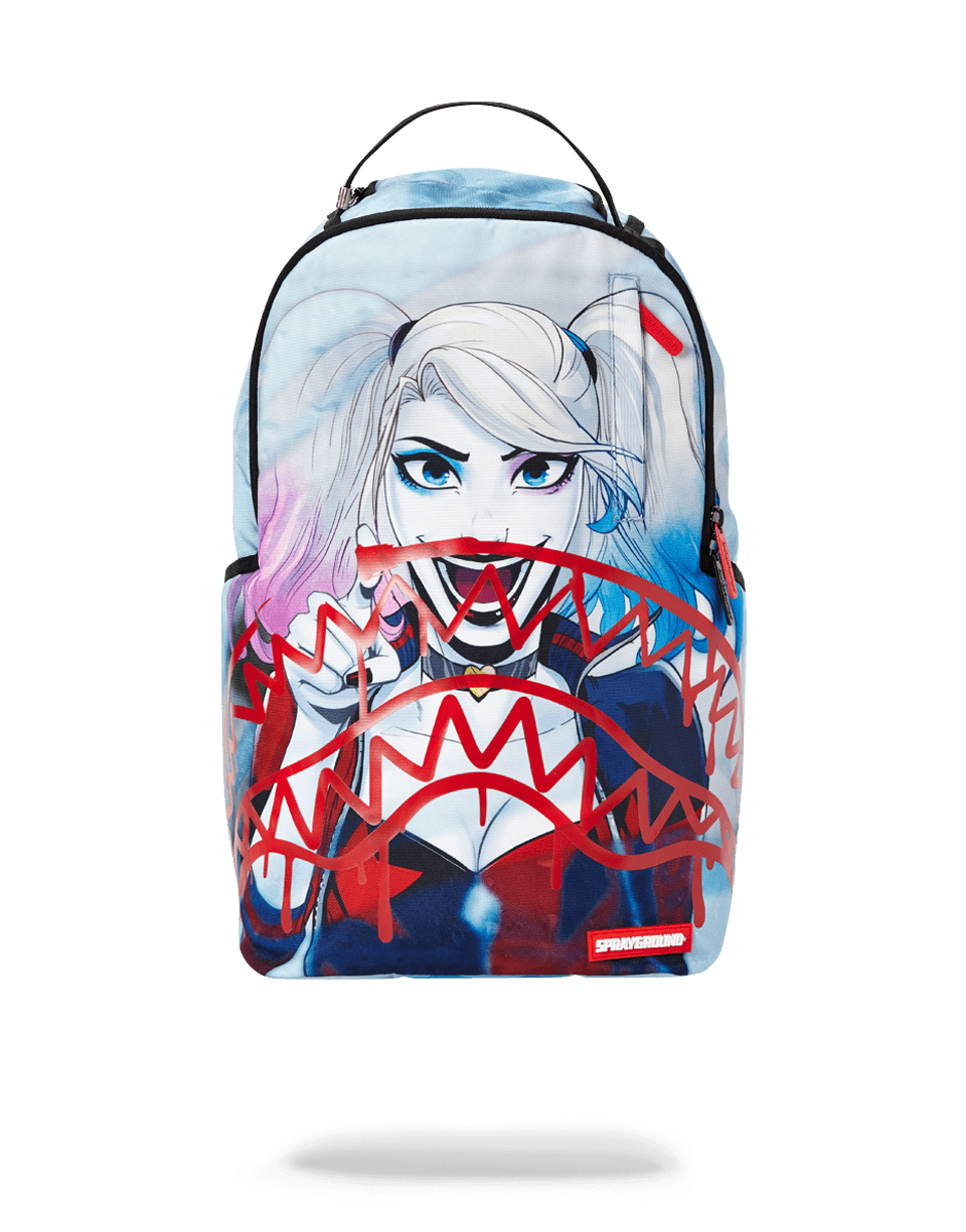 Front view of the Harley Quinn Shark laptop bag with ergonomic straps.