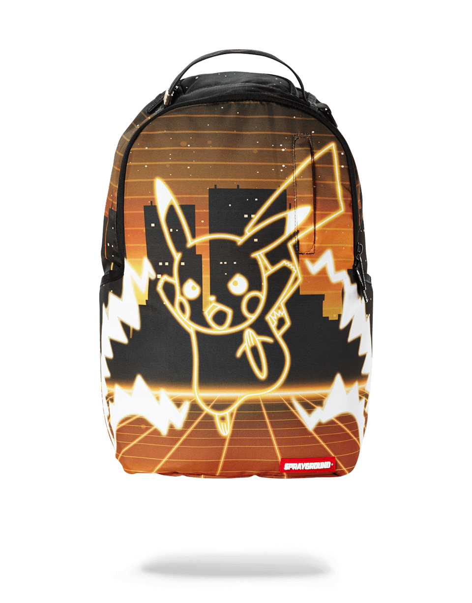 Front view of the Neon Shark Pikachu Sprayground Backpack with vibrant colors.