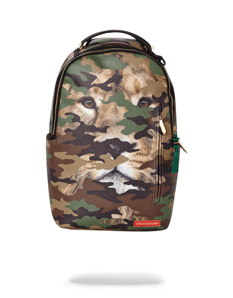 Close-up of the lion camo pattern on the Sprayground backpack, showcasing bold African-inspired design