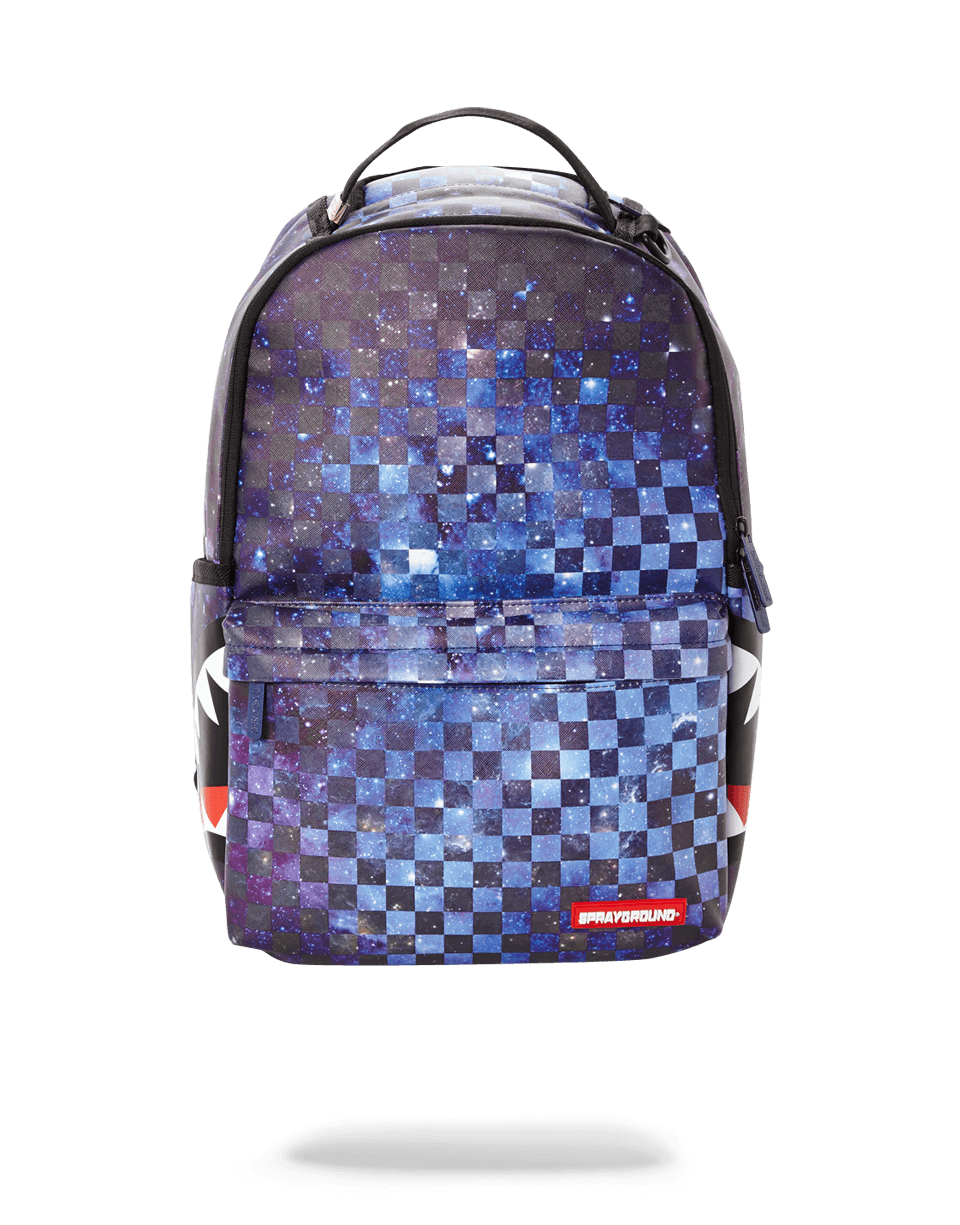 Sharks in Paris Galaxy backpack worn over shoulders in urban setting