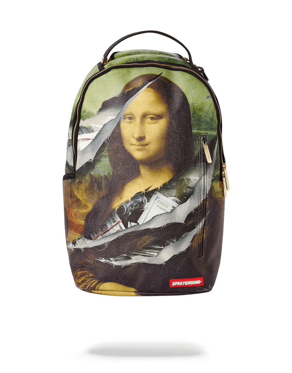 Sprayground backpack in use, showing laptop compartment and side pockets