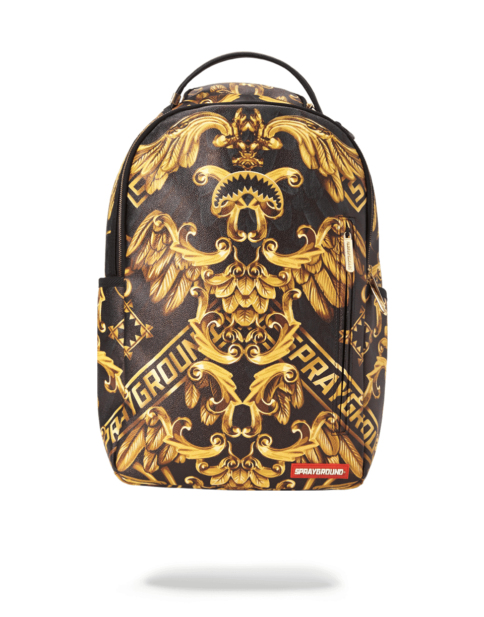 Front angle of Sprayground designer backpack showing zipper and badge detail