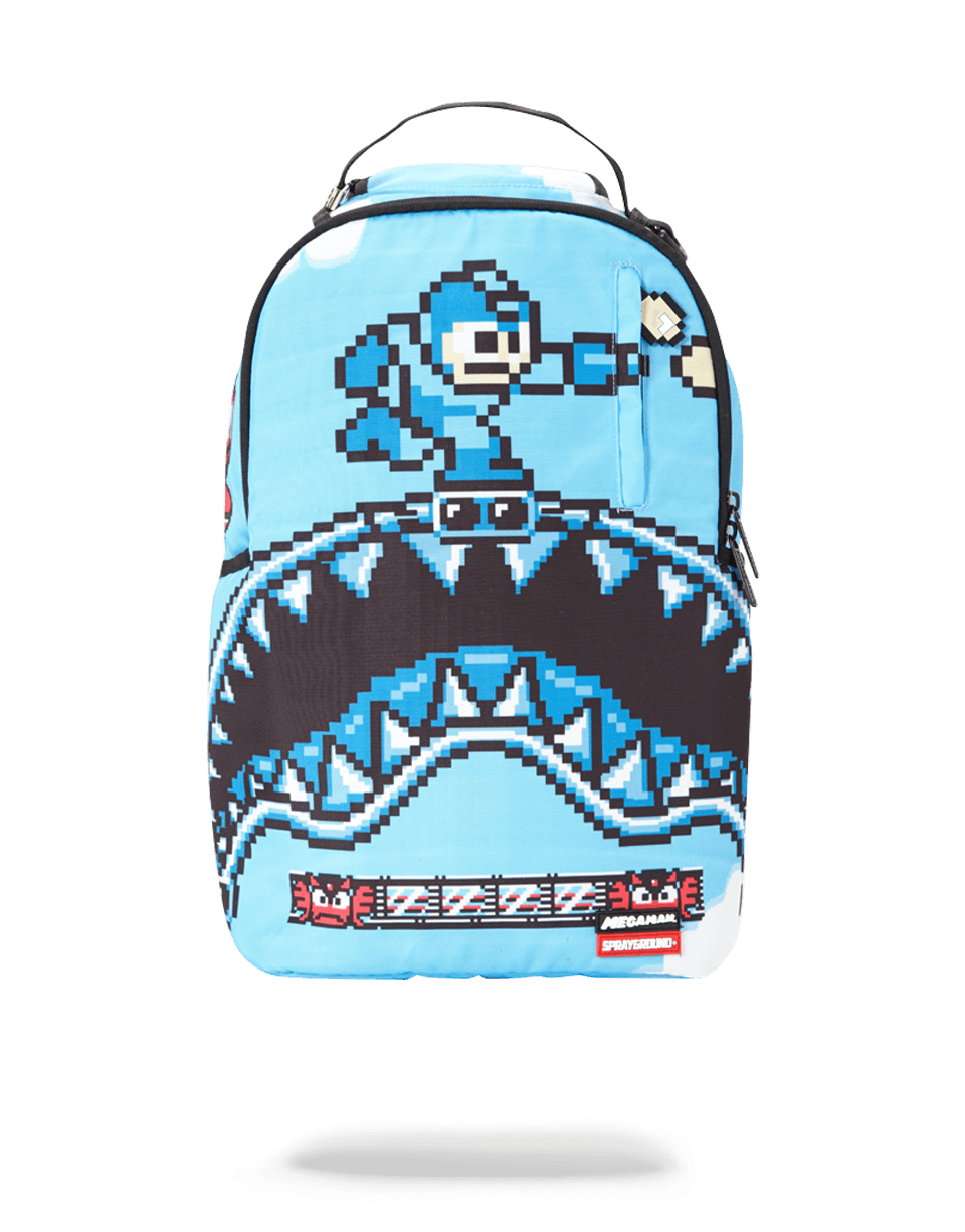 Mega Man Destroyer Shark backpack worn by a commuter in an urban setting