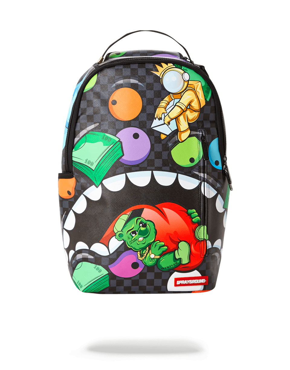 Front view of leather laptop backpack showing front pocket and structured silhouette