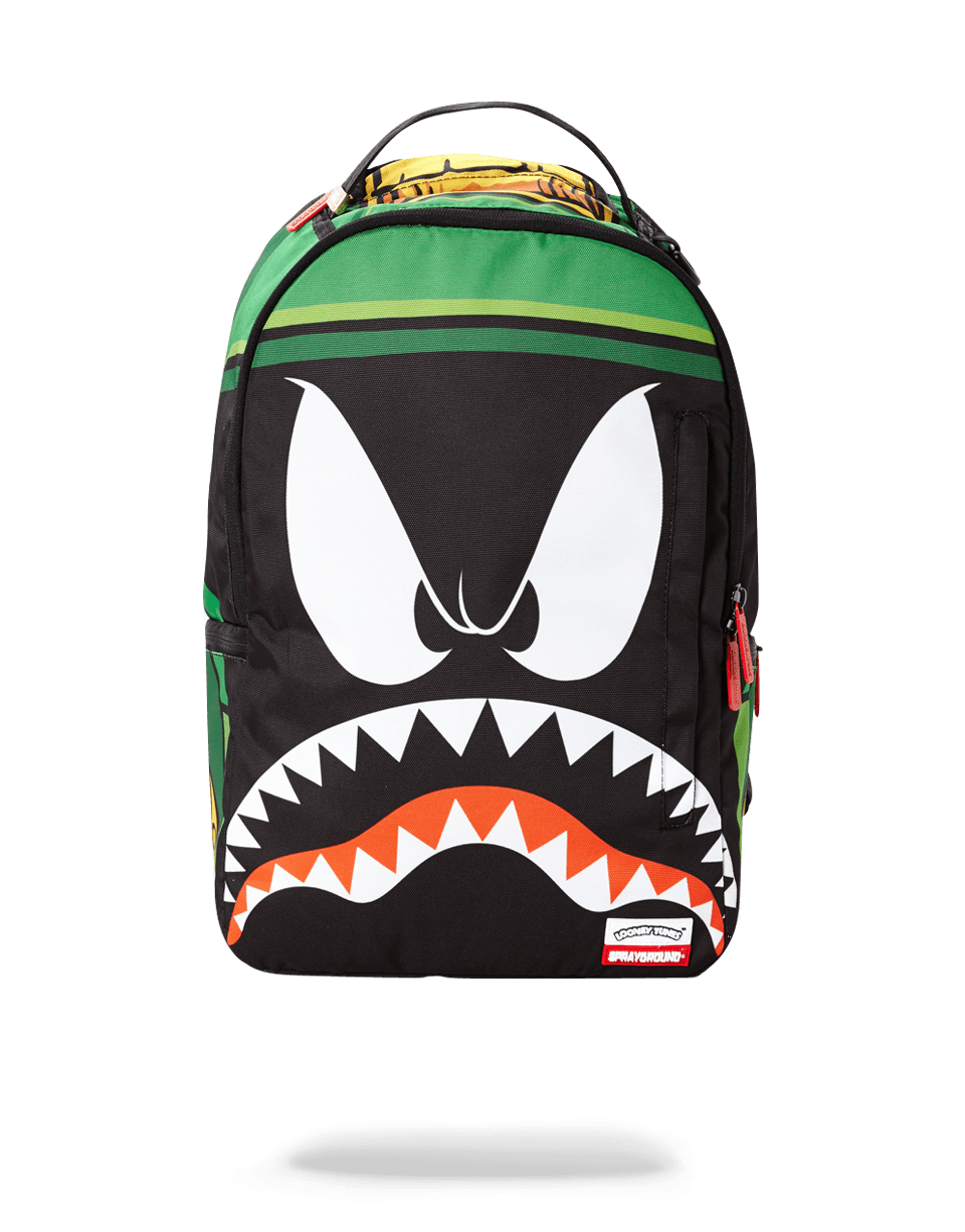 Front view of Marvin the Martian sprayground backpack pink with metal badge