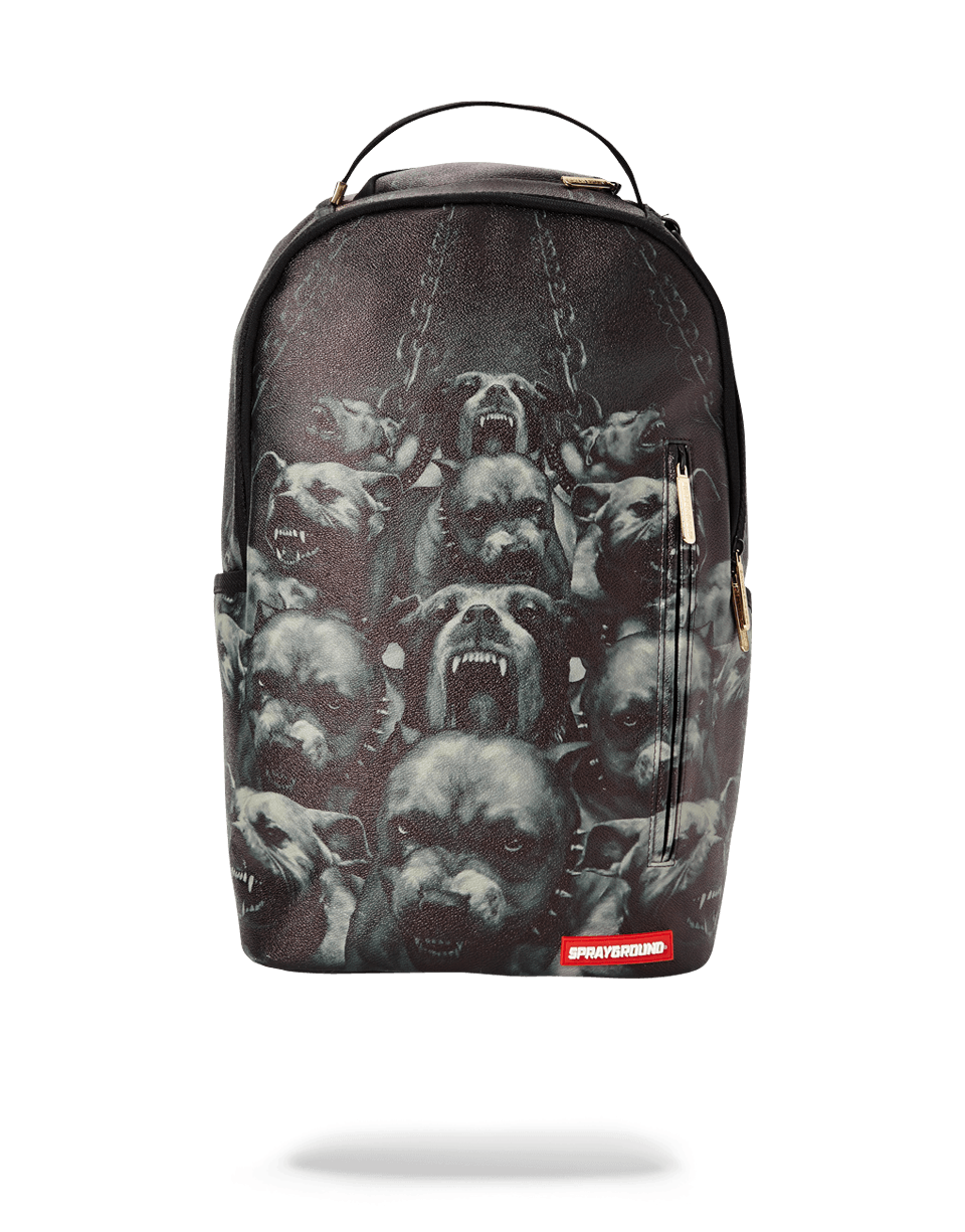 Sprayground Pitbulls backpack worn by a woman in a city setting