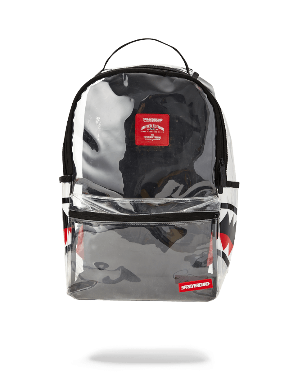 Sprayground clear backpack worn by a student, showcasing its sleek design