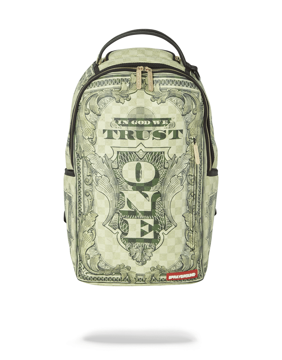 Unique green backpack from In God We Trust with side pockets for easy access.