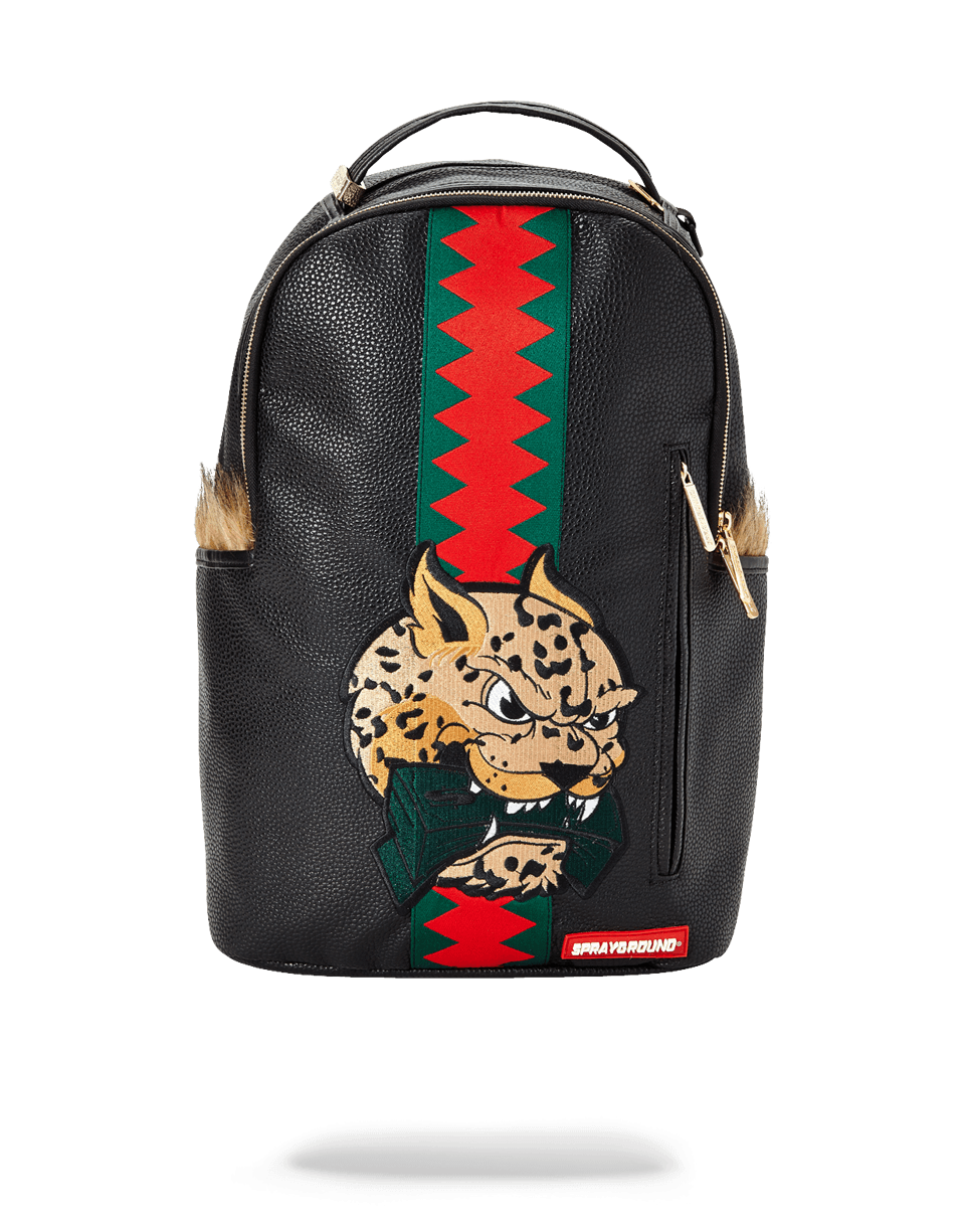 Close-up of the leopard fur design on the backpack's exterior, highlighting its luxurious texture