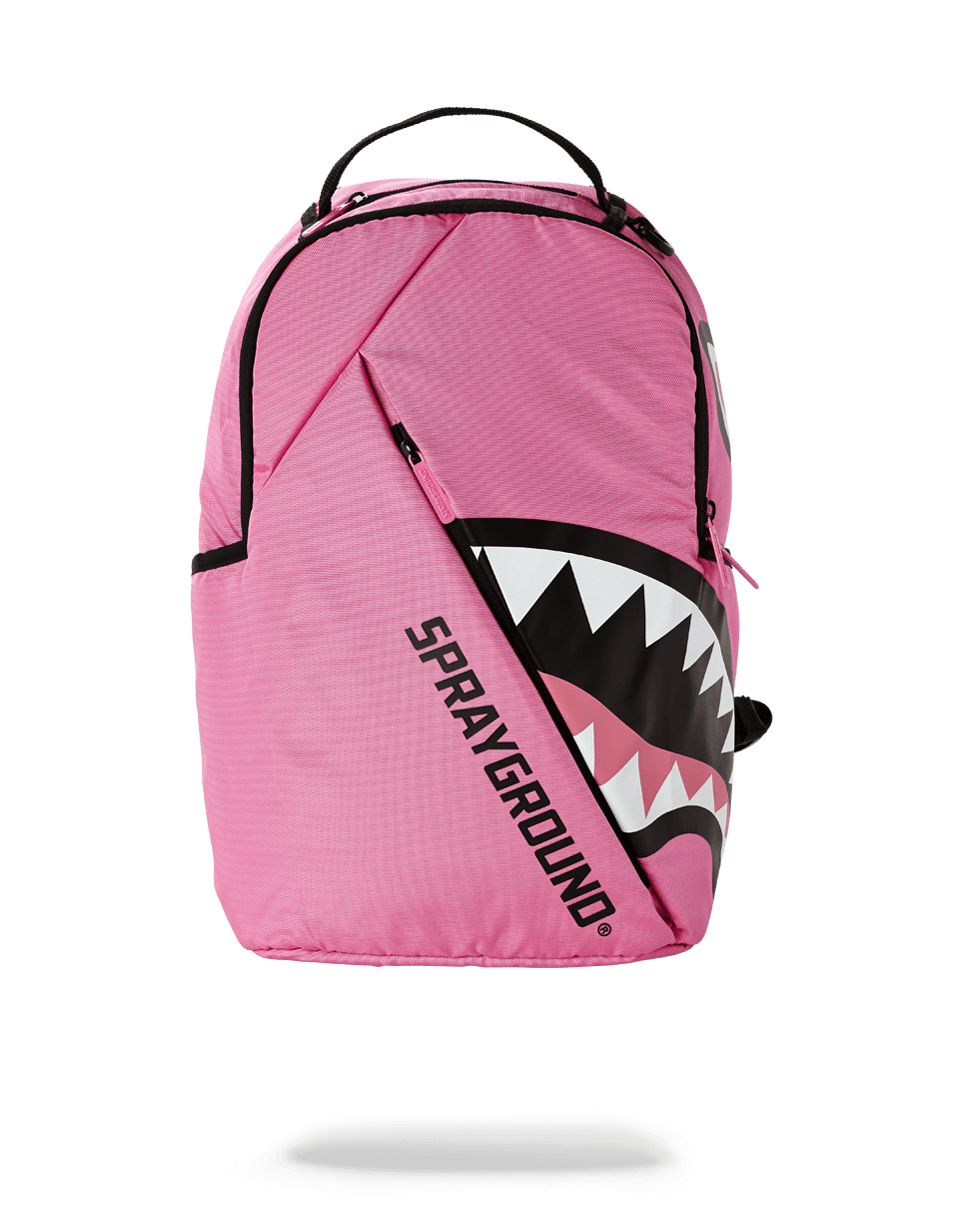Pink Shark travel backpack with adjustable straps and side pockets.