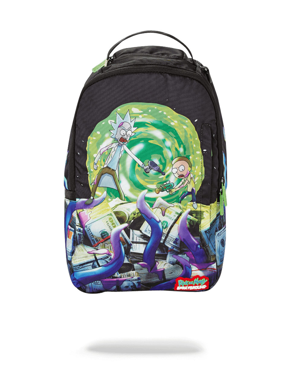 Rick & Morty backpack open, showcasing laptop compartment and organizer pockets