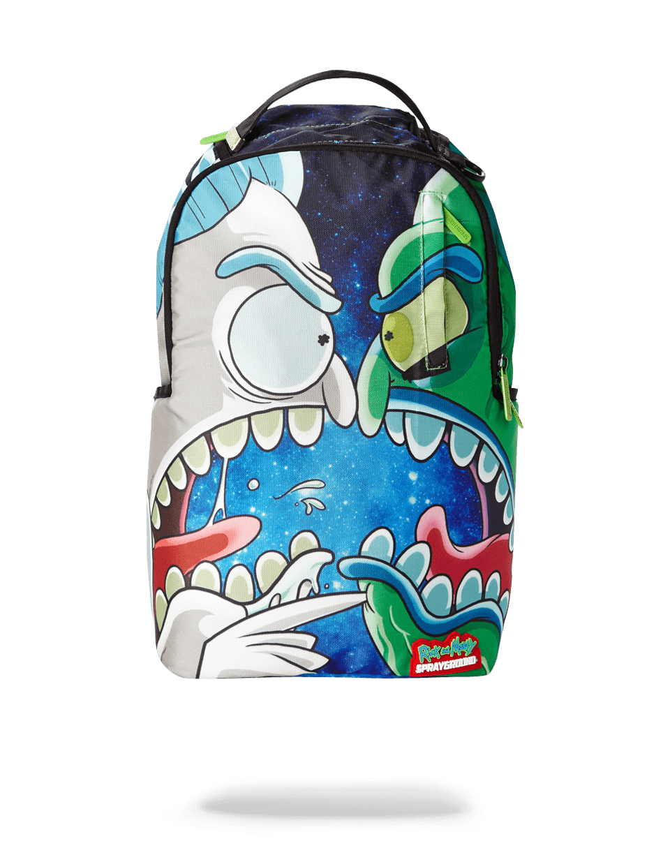 Front view of Sprayground backpack pink edition with Rick Vs Zeep design and clear panel.