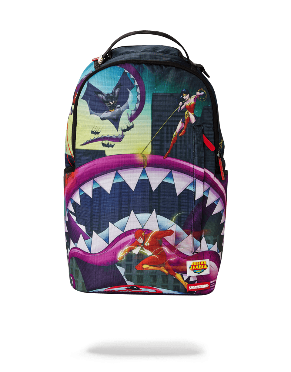 Front view of the Justice League Adventure Backpack with adjustable straps.