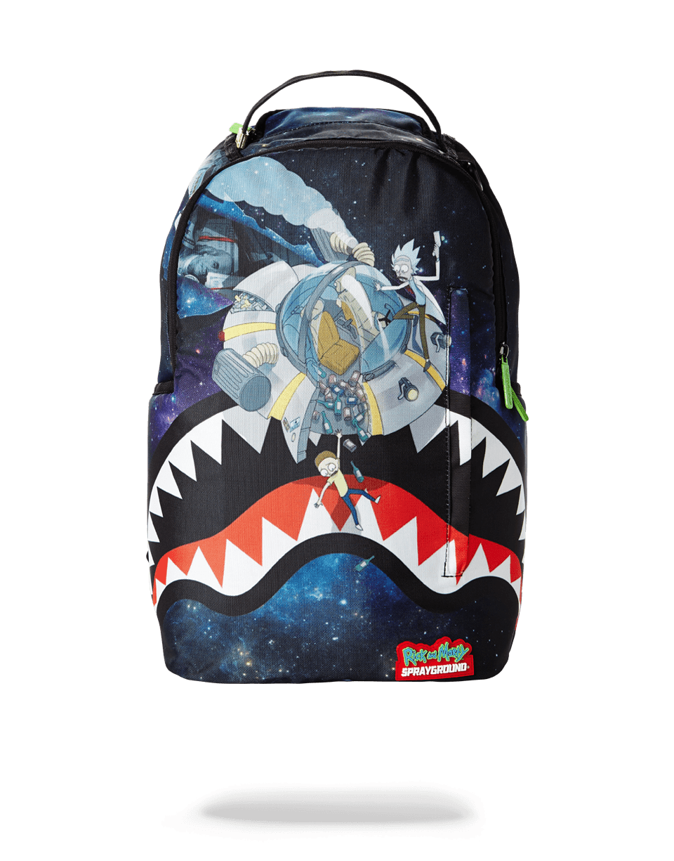 Rick & Morty Crash backpack showing front zipper pocket and side pockets