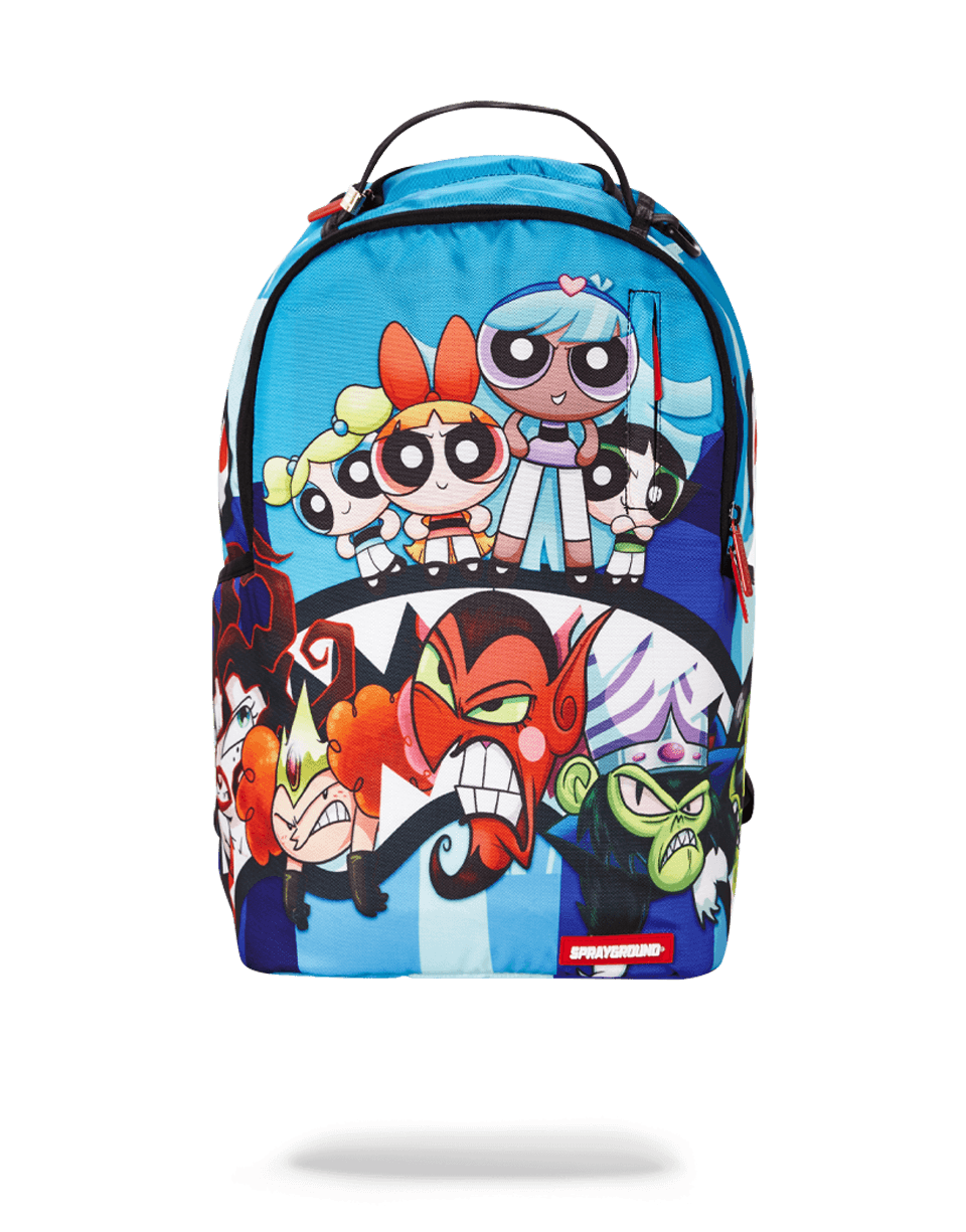 Powerpuff Girls Shark backpack front view showing plush stuffed animal accents