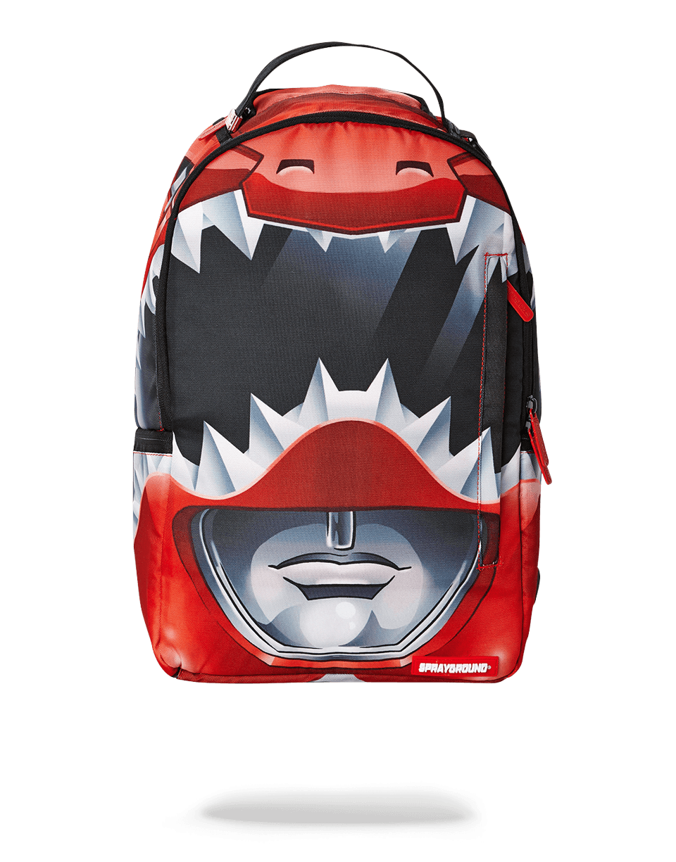 Red Ranger helmet front view, showcasing its authentic design and durable construction.