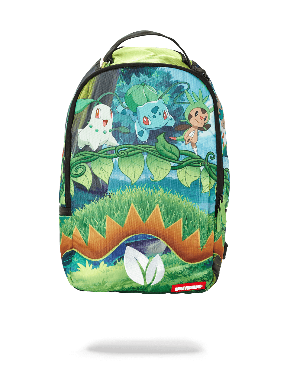 Front view of Bulbasaur backpack showcasing zipper pockets and adjustable straps.
