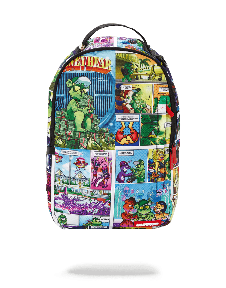 Front view of comic MONEY BEAR backpack with pink accents and zip compartments