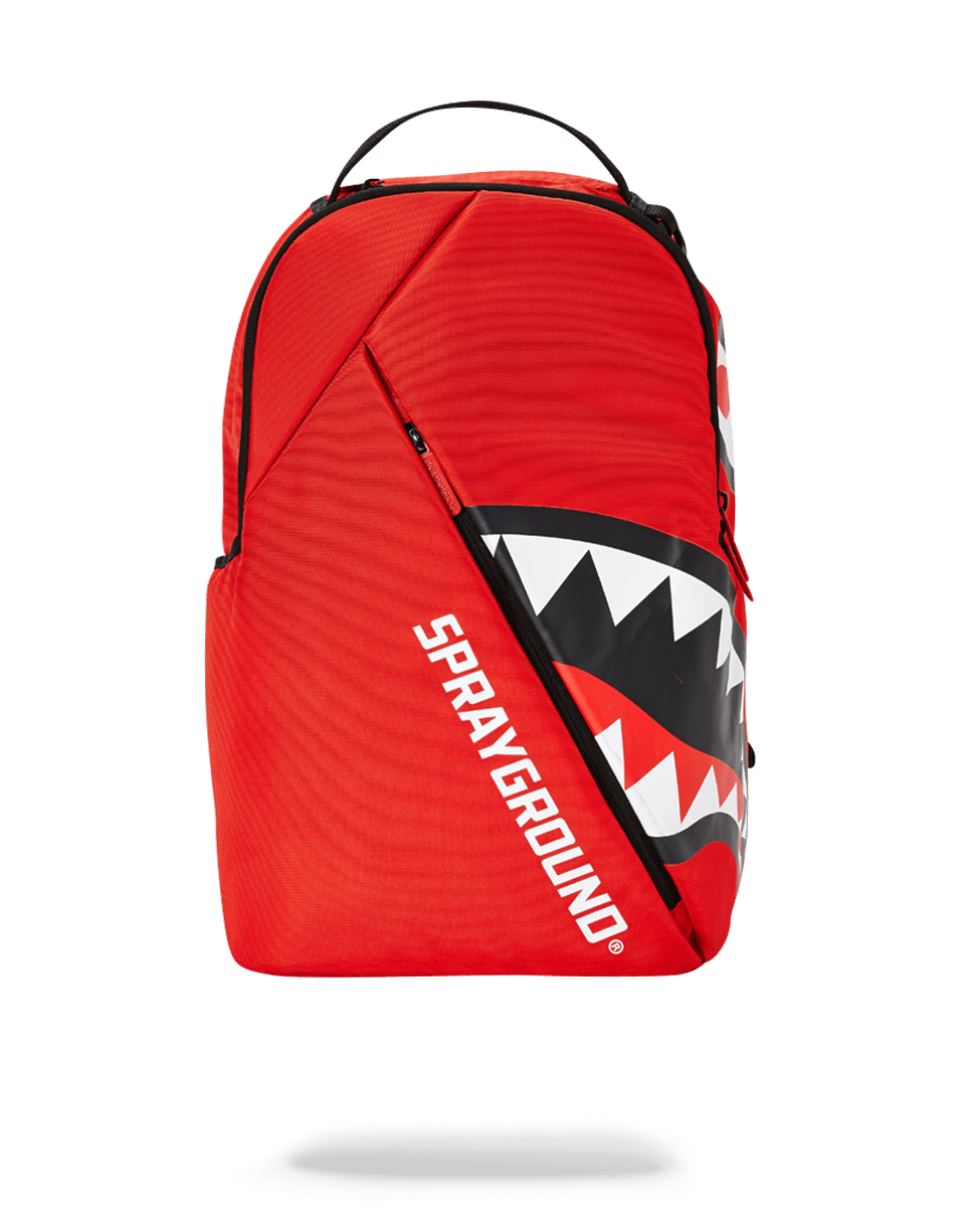 Front angle view of SharkSlide Red backpack showing zipper pocket and adjustable straps.