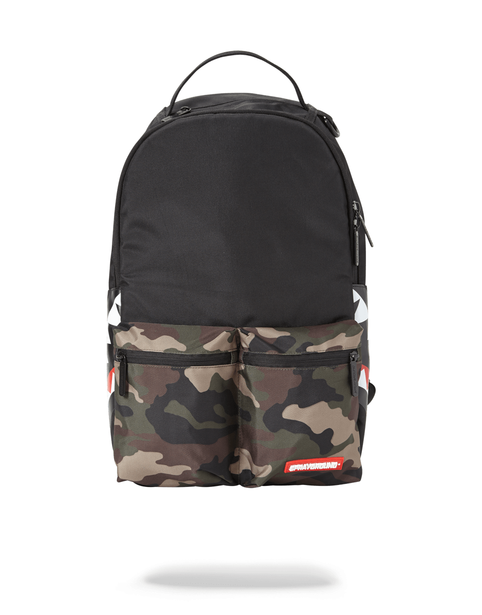 Angled front view of shark double cargo backpack with camo finish, ideal for travel and tech gear