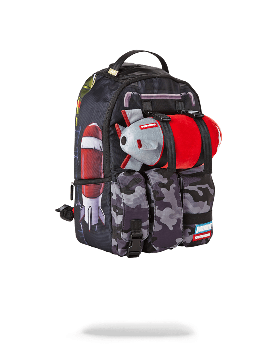 Front view of the Epic Fortnite Gaming Backpack with plush toy attached.