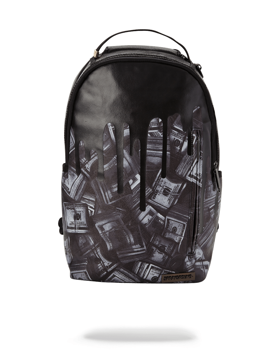 Front view of the Blackout Money Drips laptop bag on a table.