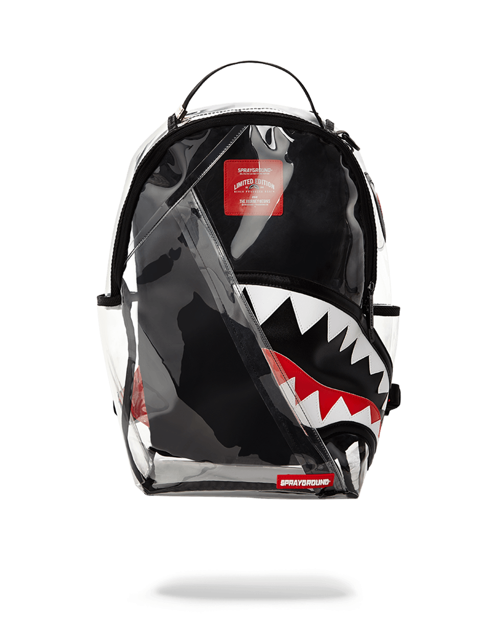 Front view of the Sprayground Shark Vision clear backpack showcasing its spacious compartments.