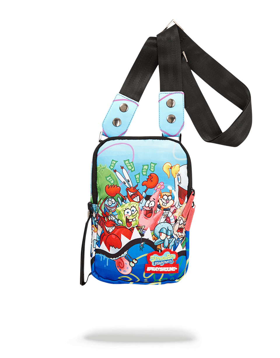 Spongebob Shark Sling Crossbody Bag worn casually with urban outfit