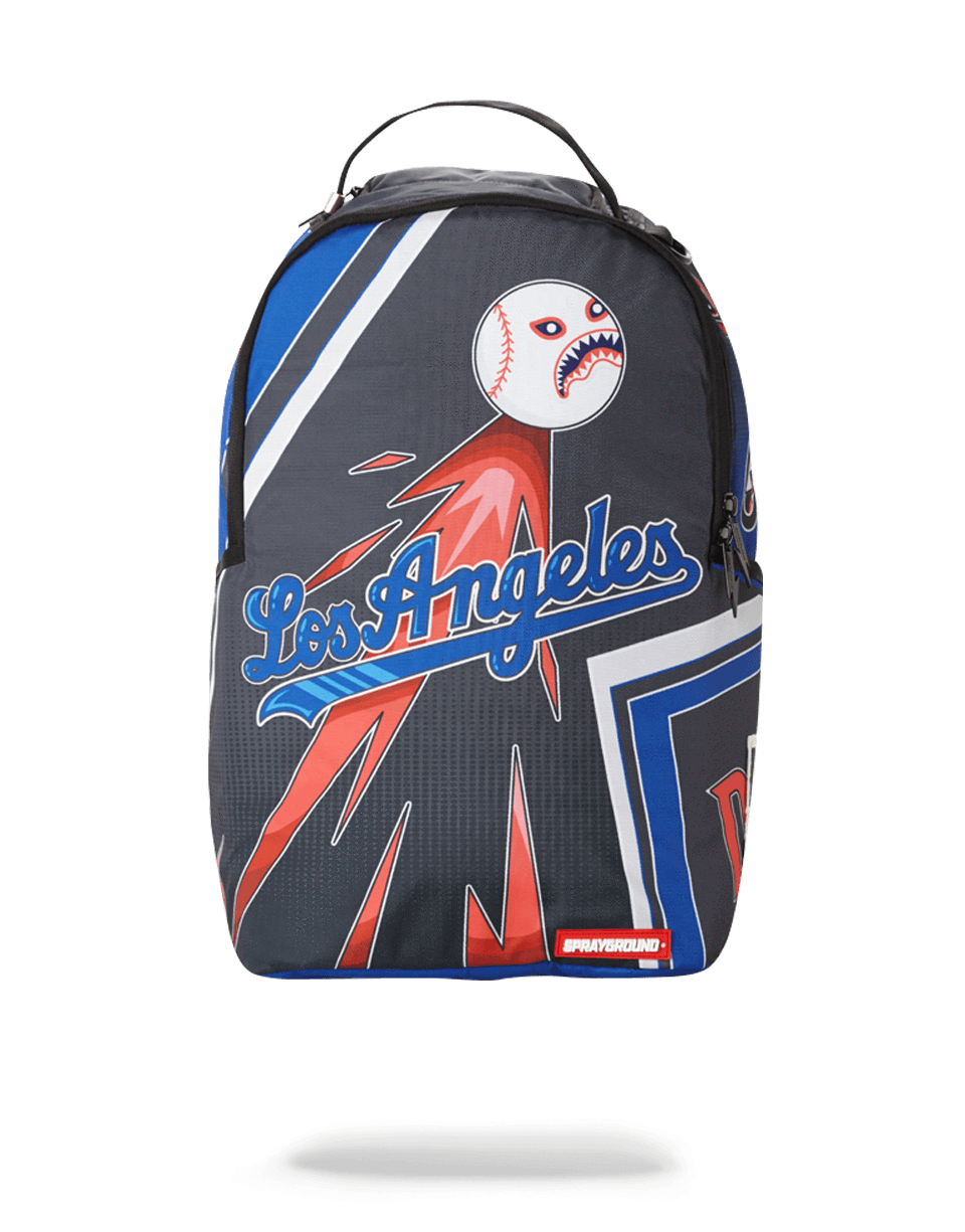 Side view of los angeles dodgers backpack showing ergonomic strap design