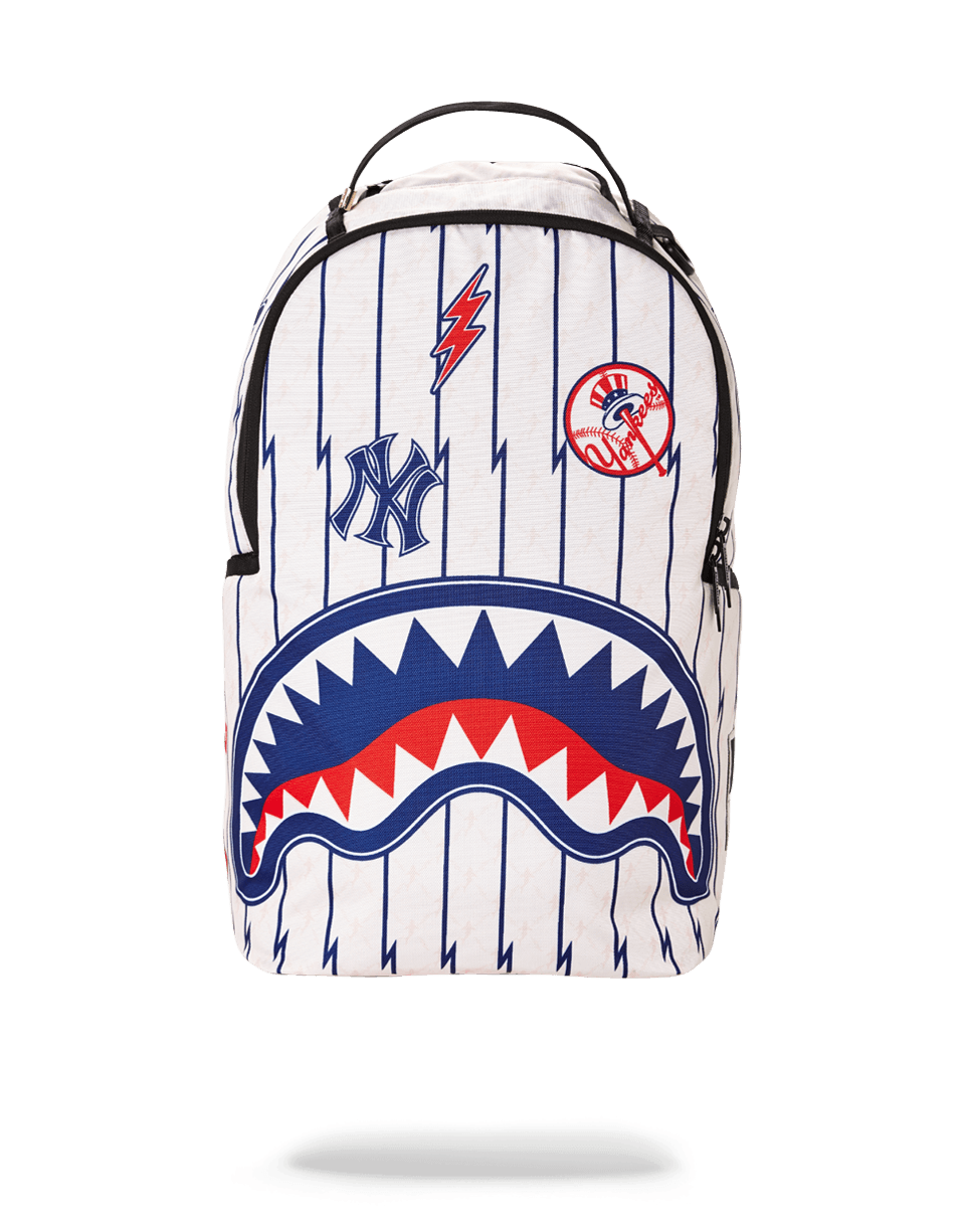 Front view of the Yankees backpack showing zippered compartments and bold design