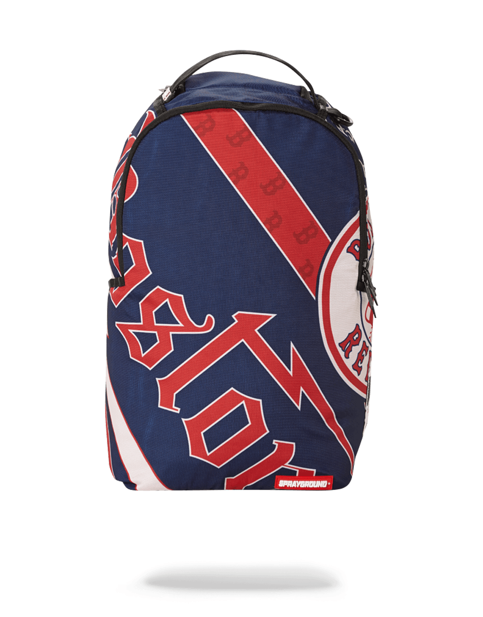 Boston Red Sox sports backpack displayed with side pockets open