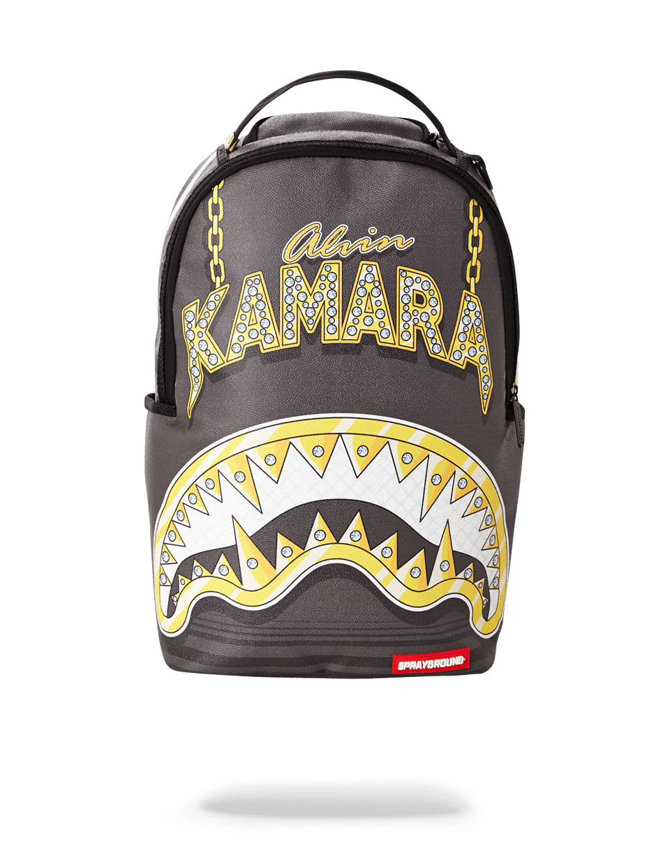 Front view of vegan leather backpack showing front zipper and metal badge
