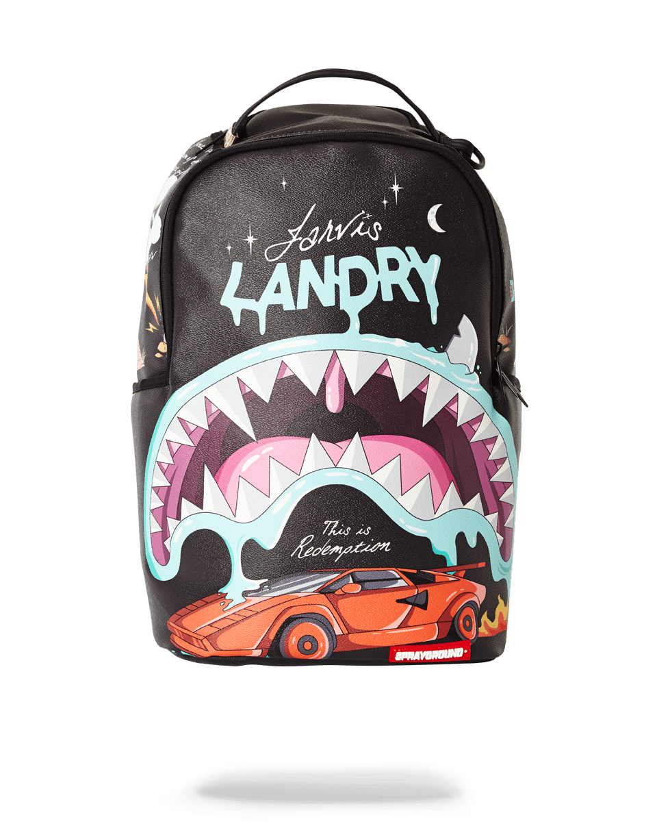 Front view of Sprayground backpack showing zippered pockets and bold design