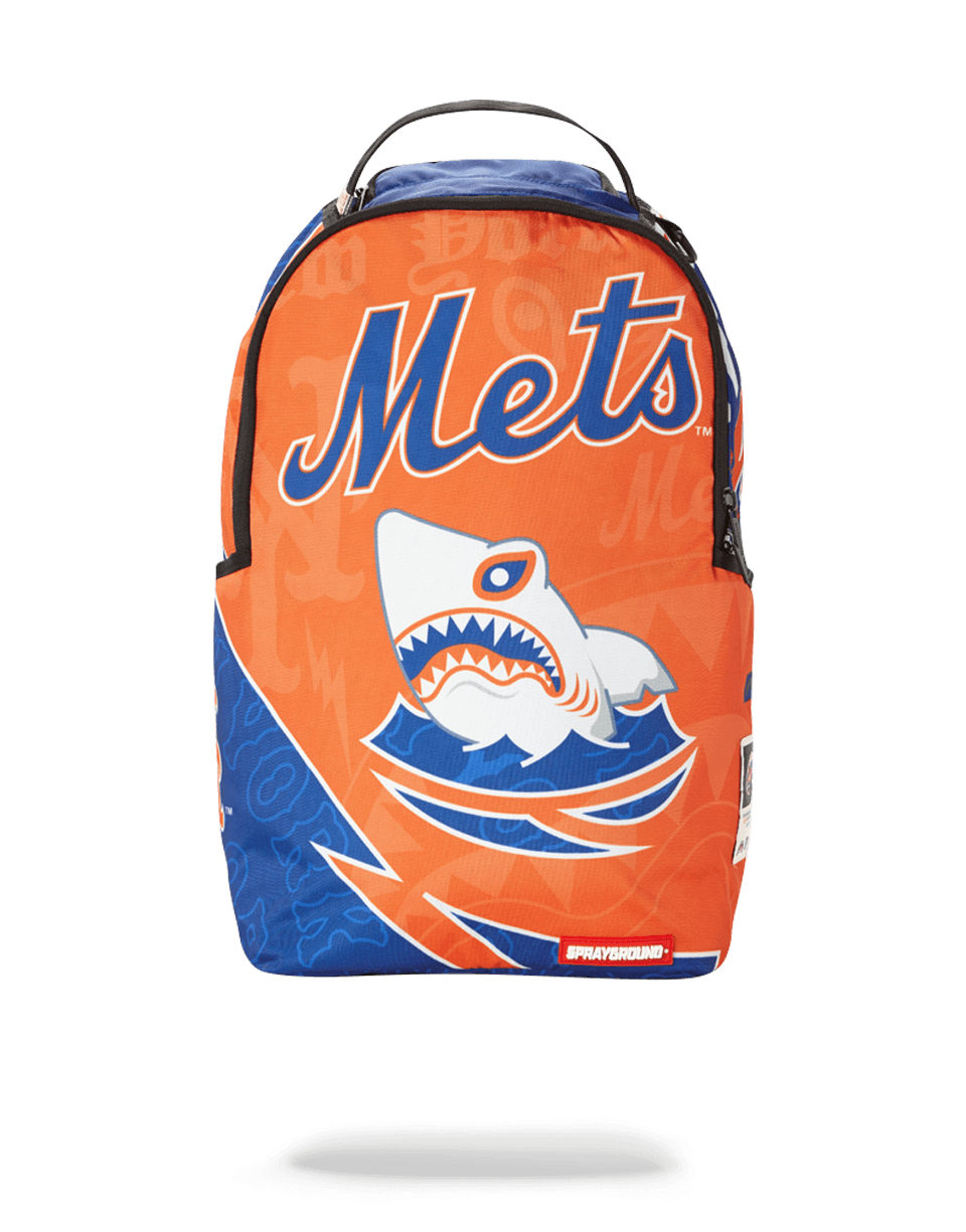 Front view of New York Mets Shark Design Backpack showing pockets