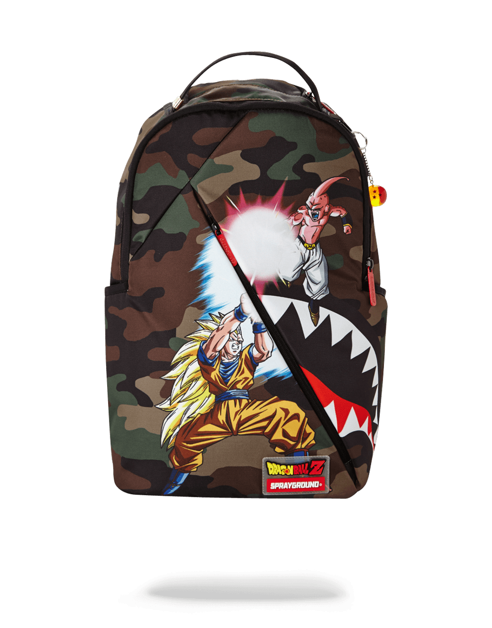 Goku backpack in animal print, worn by a traveler in a city setting