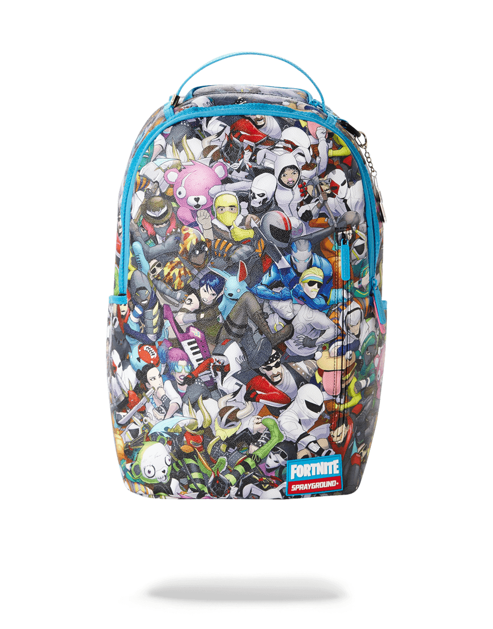 Fortnite backpack propped against carry-on luggage at airport terminal