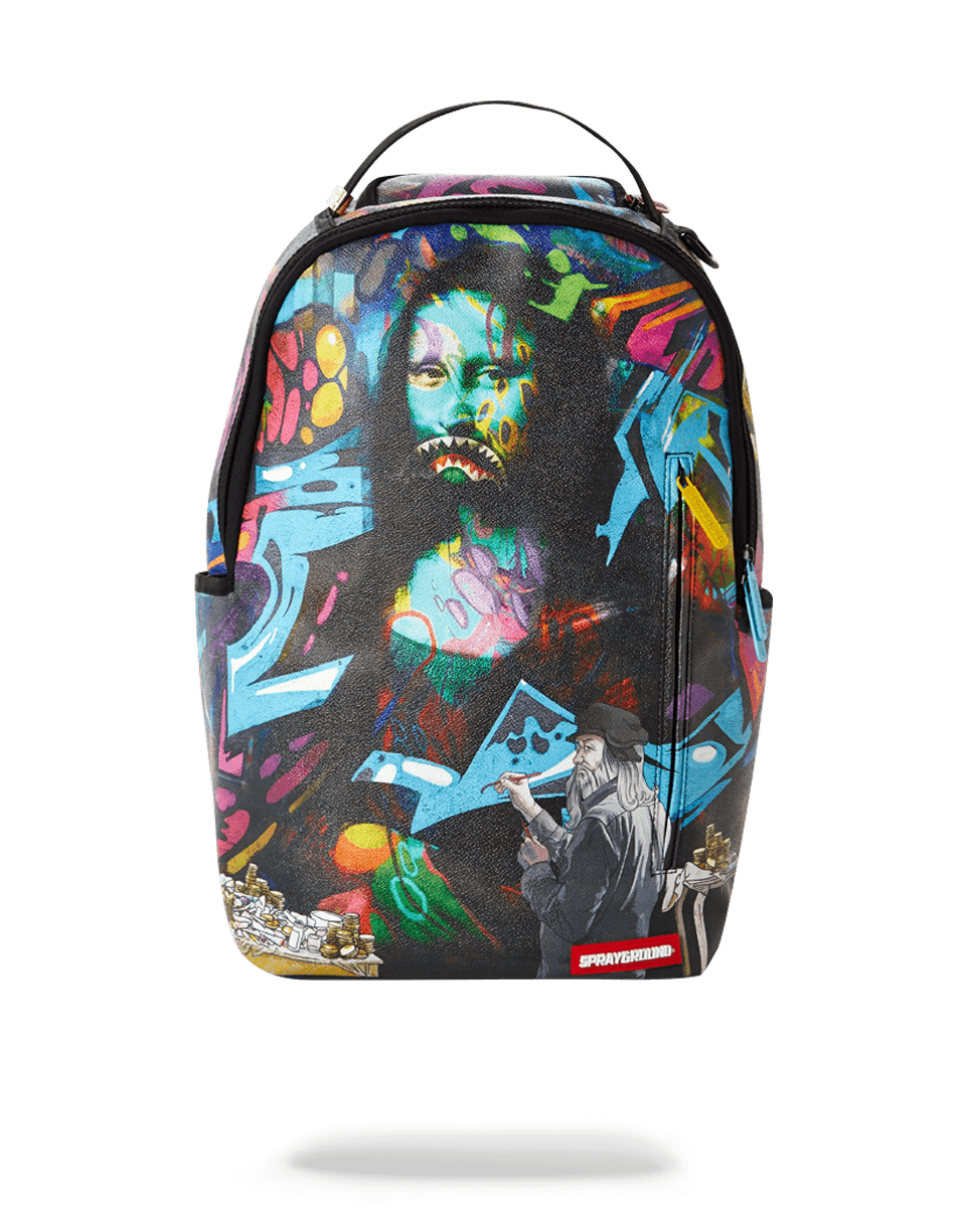 Sprayground Shark Vinci backpack open, showing laptop compartment and pockets