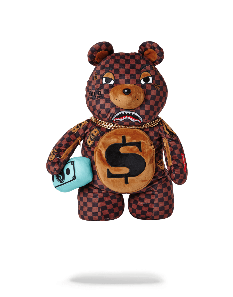 Front view of sprayground teddy bear backpack in vegan leather with gold chain