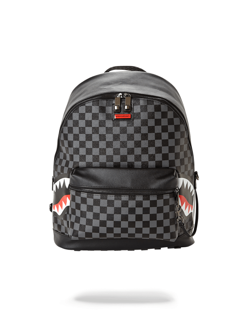 Front view of the chic black checkered vegan leather backpack.