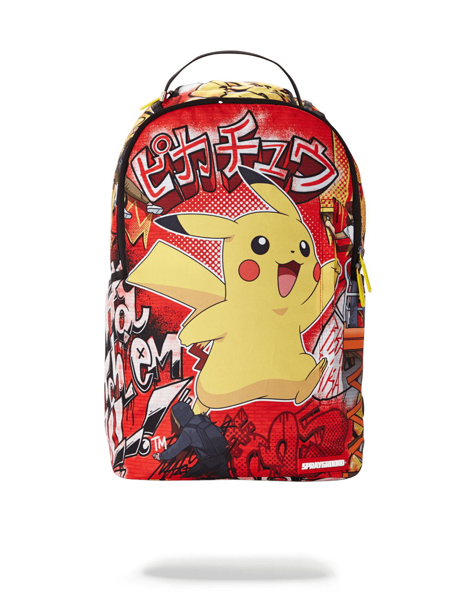 Close-up of Pikachu design on pink sprayground backpack with zipper details